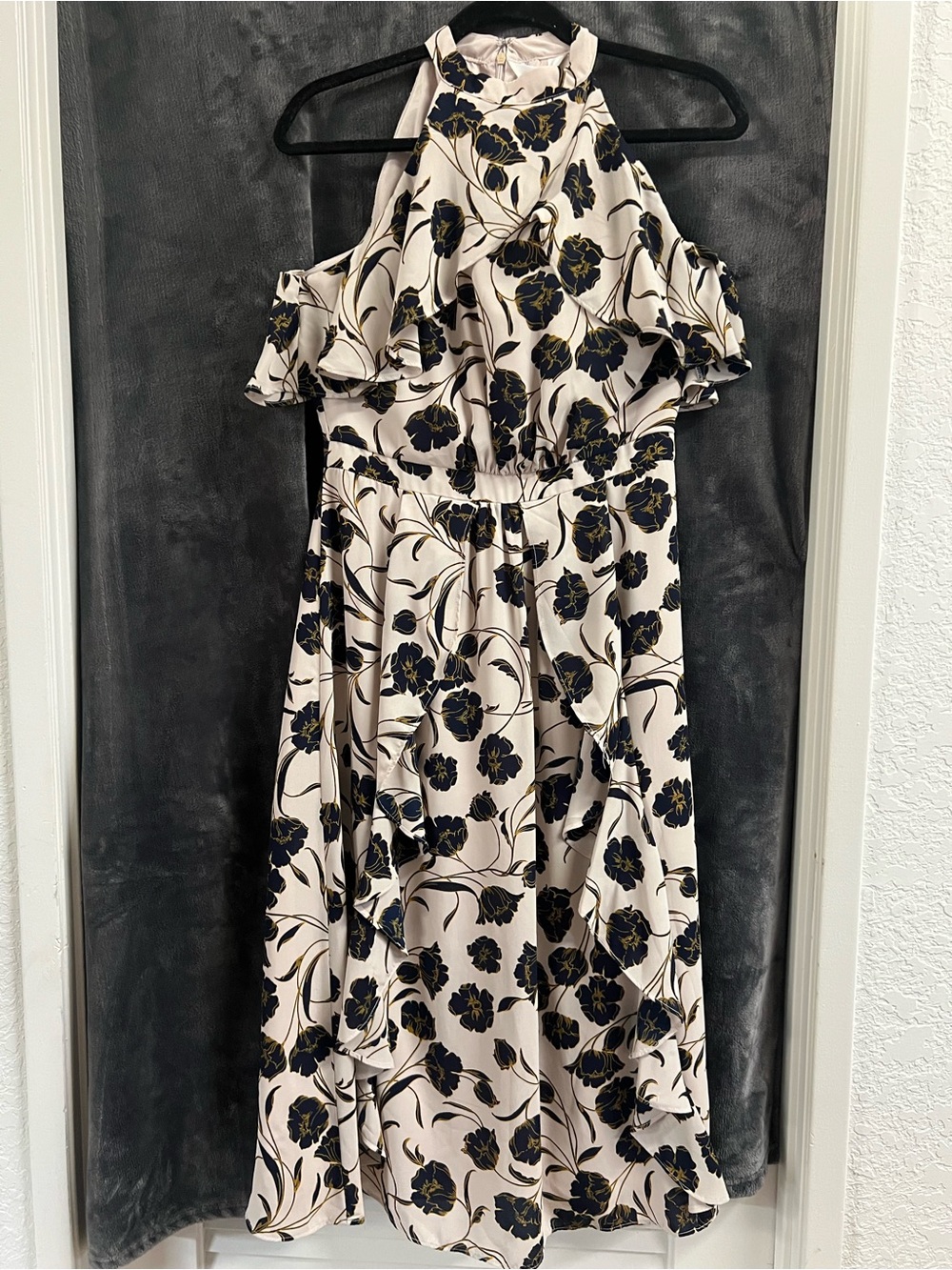 Lauren Conrad, Floral Halter Cold-Shoulder Midi Dress in Cream and Navy size 8